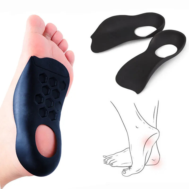 TPR arch support varus correction insoles in white, black, and skin colour showing size ranges 35-39 and 40-45.