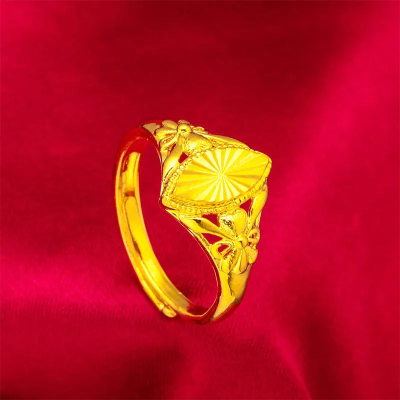 Alluvial gold geometric ring with textured open diamond flower design on brass base