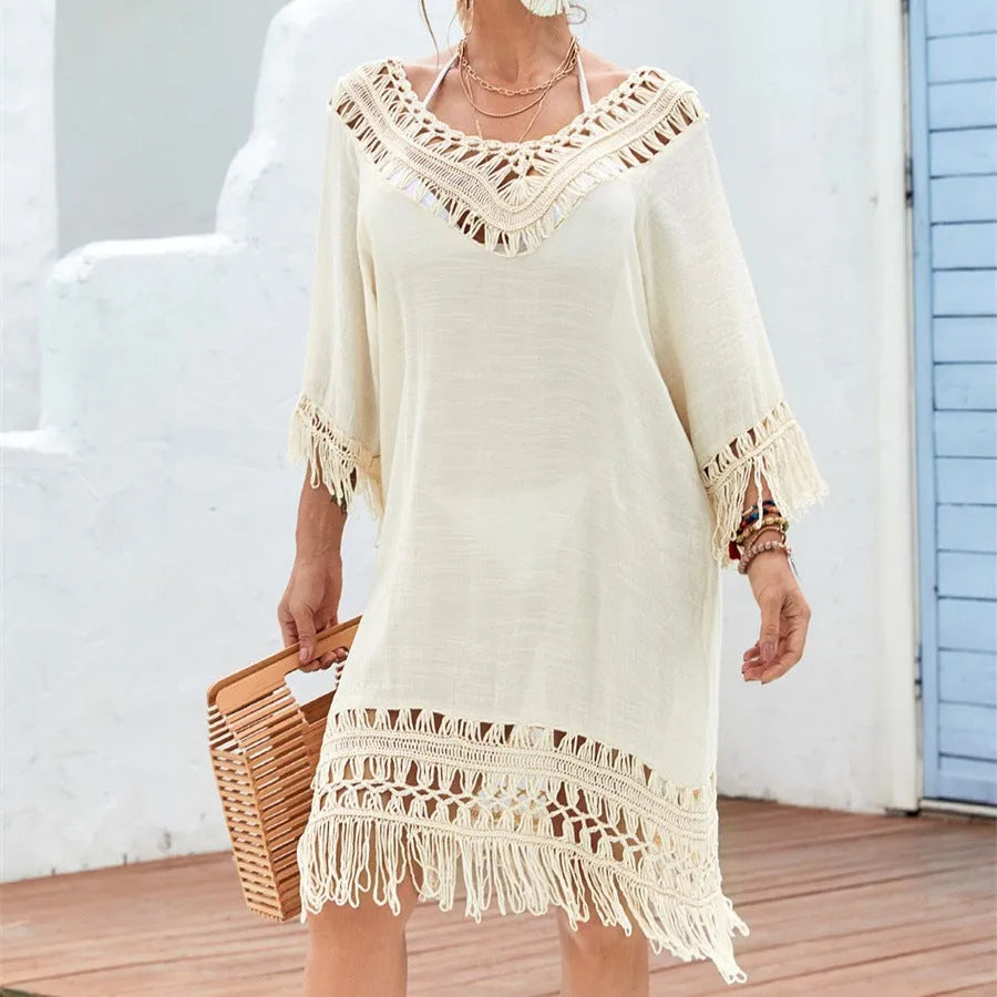 Apricot crocheted patchwork women's dress with half sleeves and a mid-length skirt.