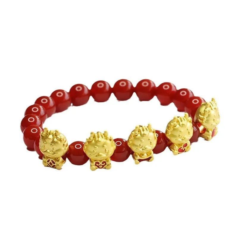 Red agate bracelet with Chinese dragon charm and 8mm beads