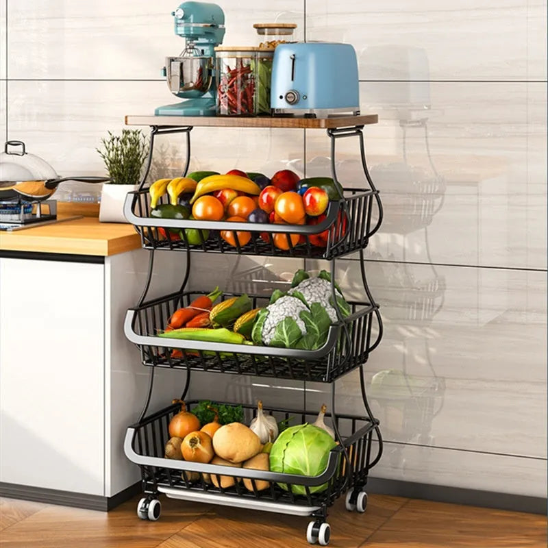 Black six tier floor standing kitchen storage trolley with open shelves