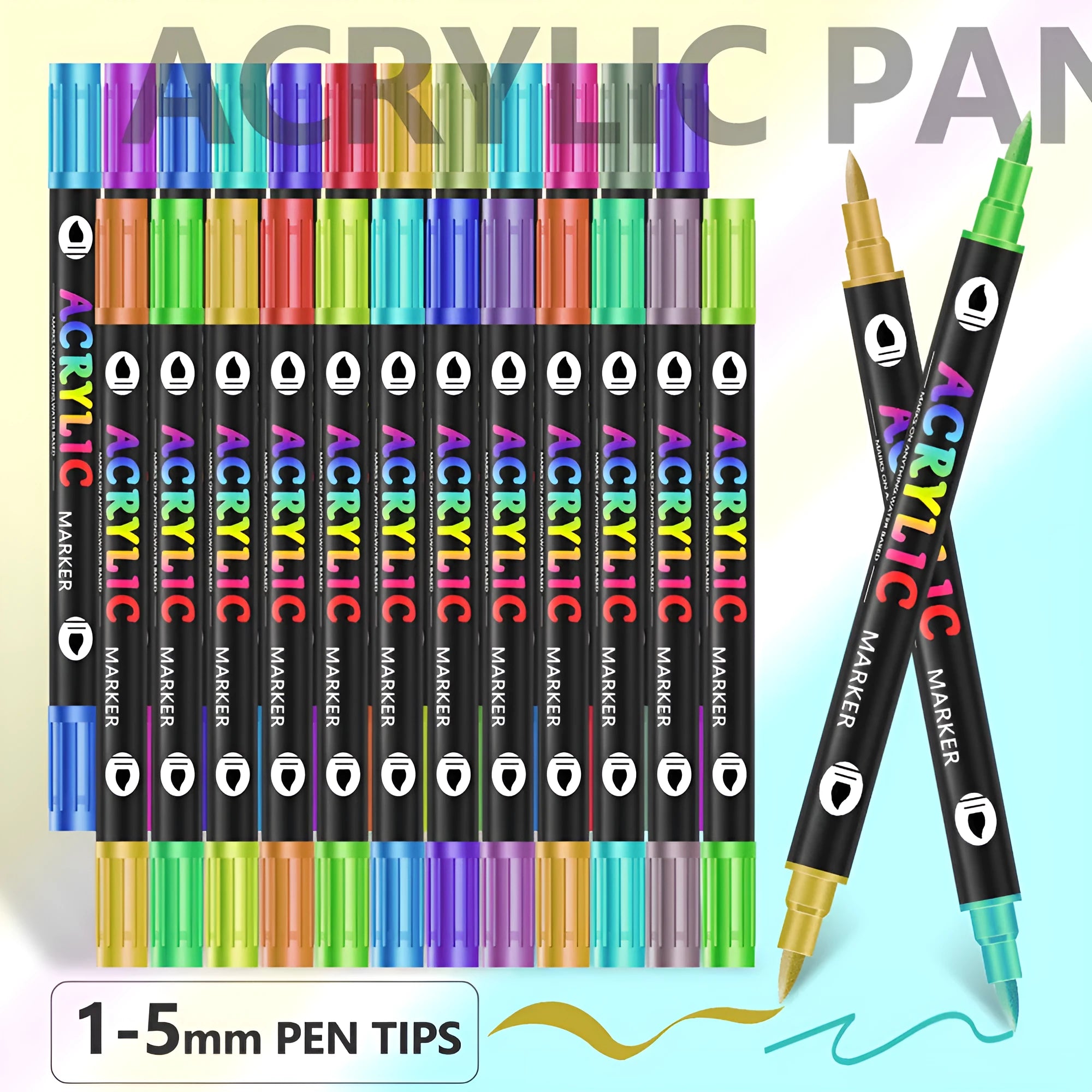 Set of double-headed acrylic marker pens with opaque, washable ink in assorted colours.