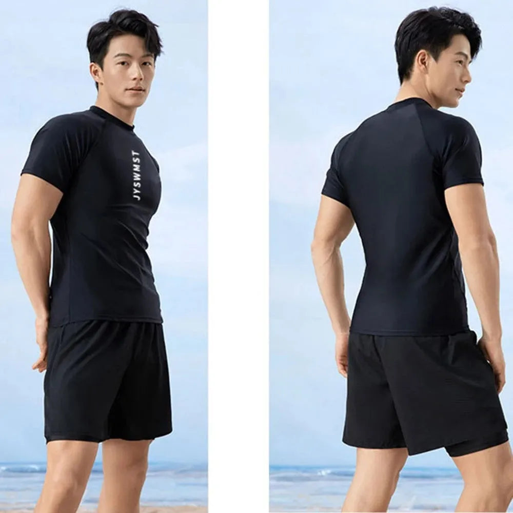 Men's polyester swimsuit set with pattern design in sizes M to 4XL