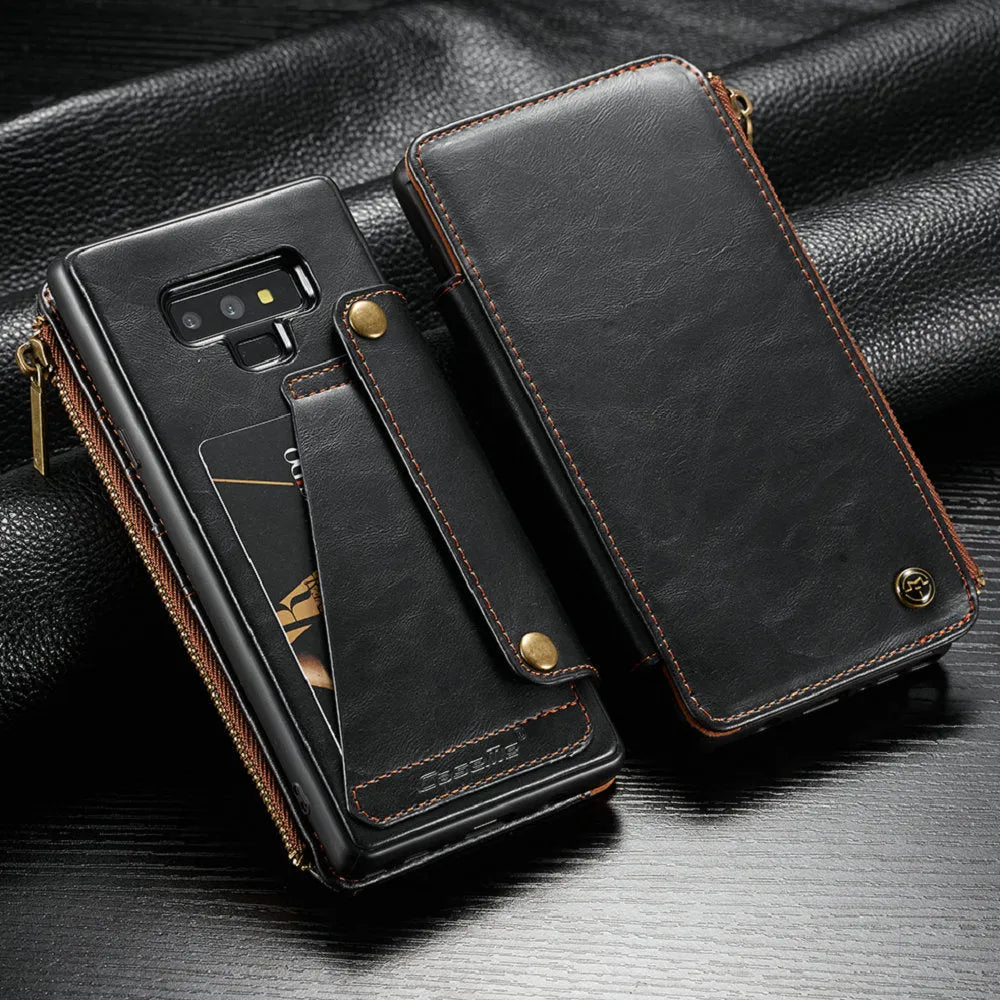 Black PU leather flip phone case for Samsung Galaxy Note9 shown open and closed.