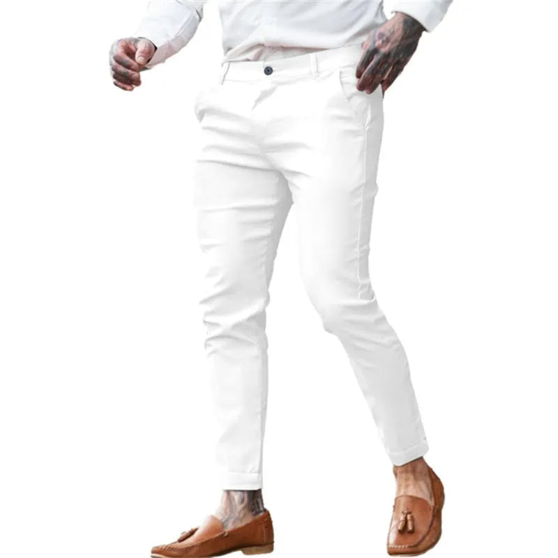 Men's slim-fit cotton stretch pencil pants in twill fabric showing high elasticity and pencil silhouette
