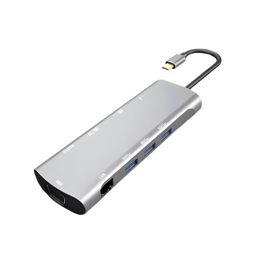 Grey USB-C docking station with aluminium alloy shell and 140mm cable showing HDMI and VGA ports