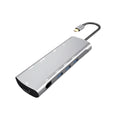 Grey USB-C docking station with aluminium alloy shell and 140mm cable showing HDMI and VGA ports