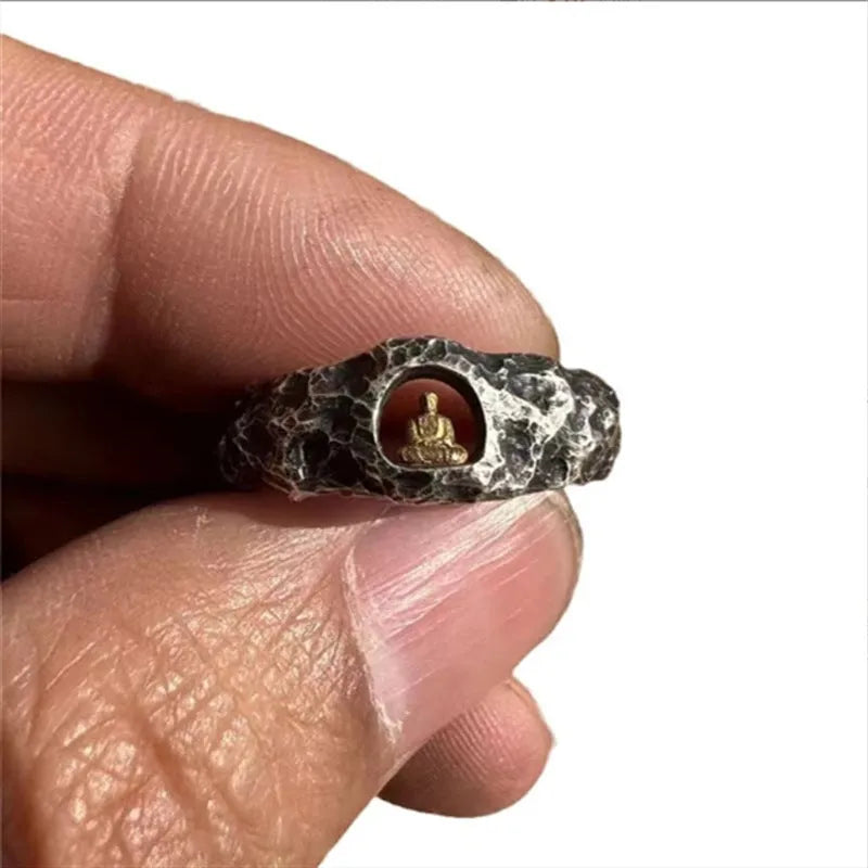 Copper Grotto Buddha ring with rock texture finish, hand-forged construction, size 8 measurement