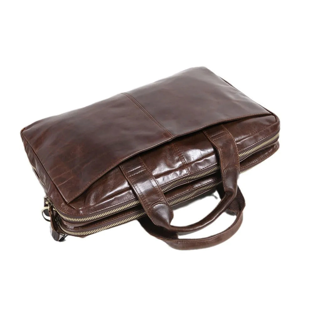 Brown first layer cowhide leather business briefcase with 18-inch laptop compartment