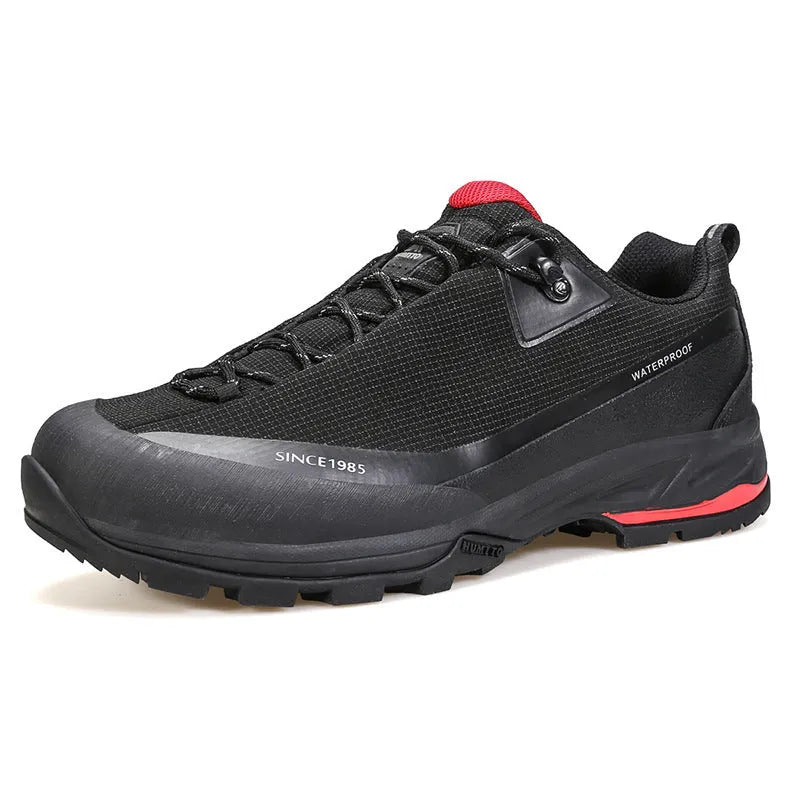 Men's low-top mountain climbing shoes with lace-up front and leather mesh upper