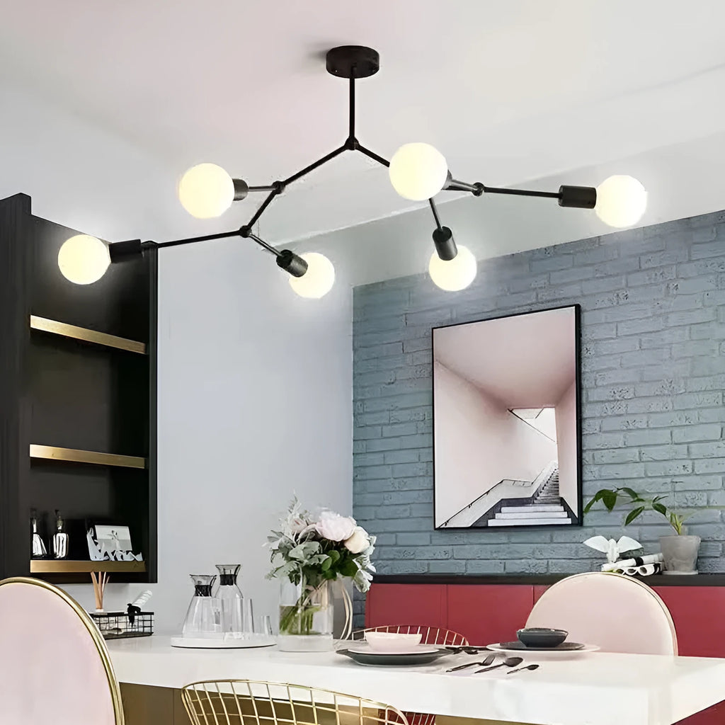 Iron Nordic style ceiling chandelier with multiple light heads in black or white finish.
