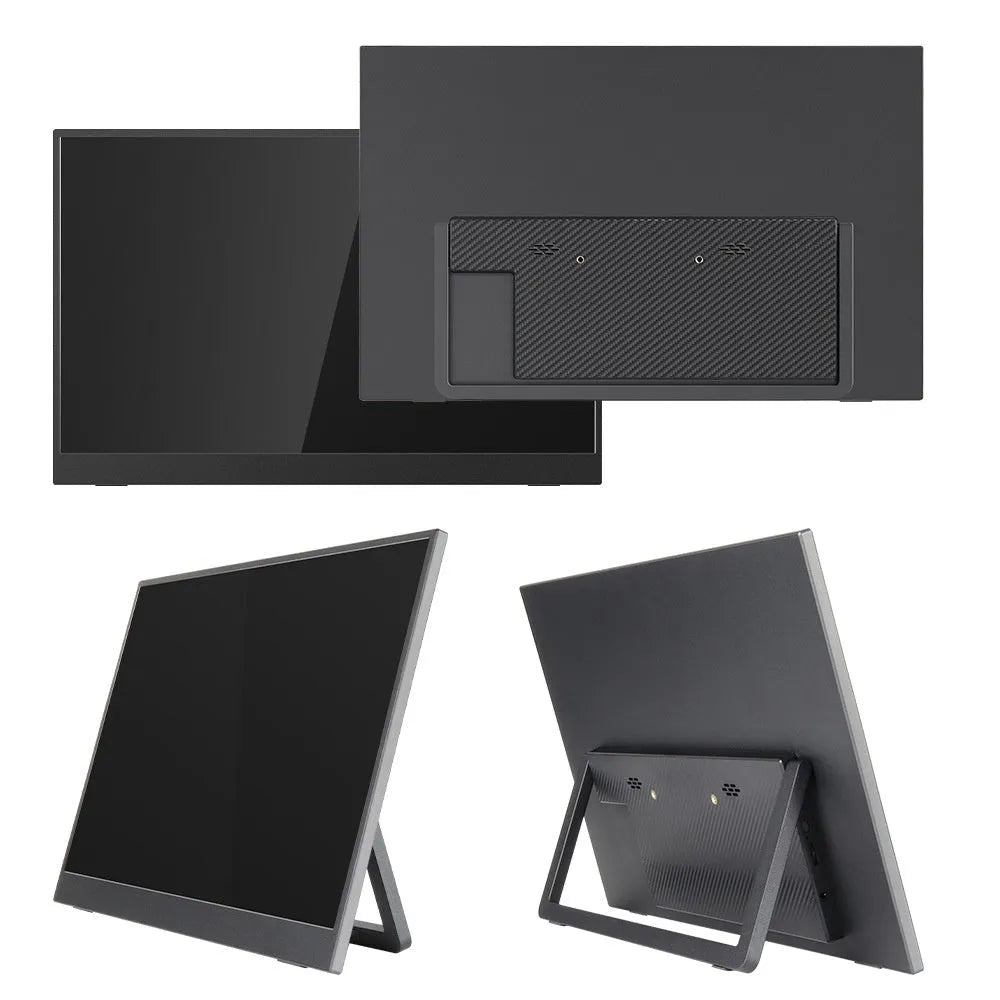 Black 15.6-inch portable monitor with adjustable stand on desk showing office application