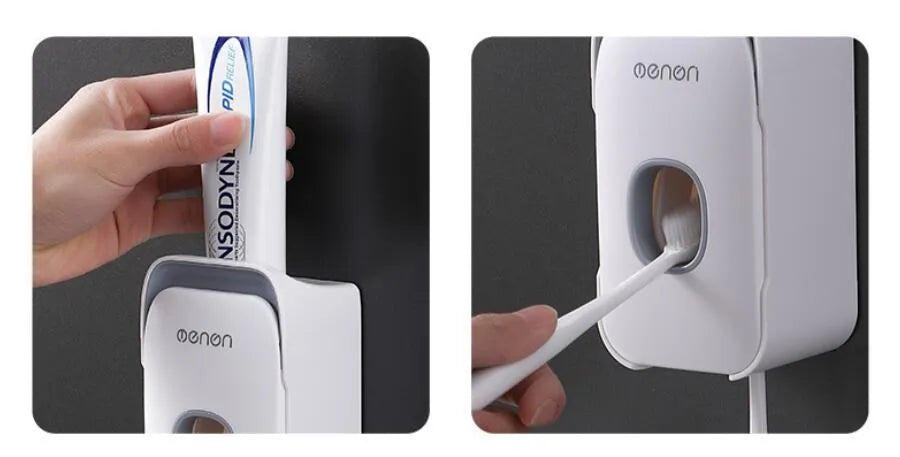 Blue automatic toothpaste dispenser with wall-mount bracket on a bathroom wall