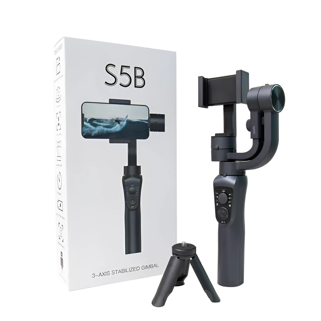 Black three-axis handheld gimbal stabilizer with tripod and protective cases