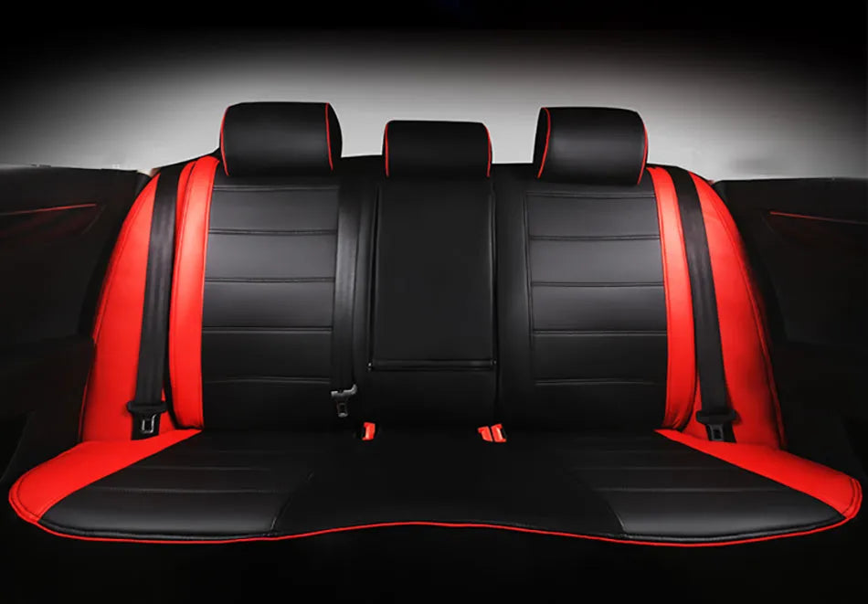 Universal all season leather car seat cover in beige and black with red binding styles
