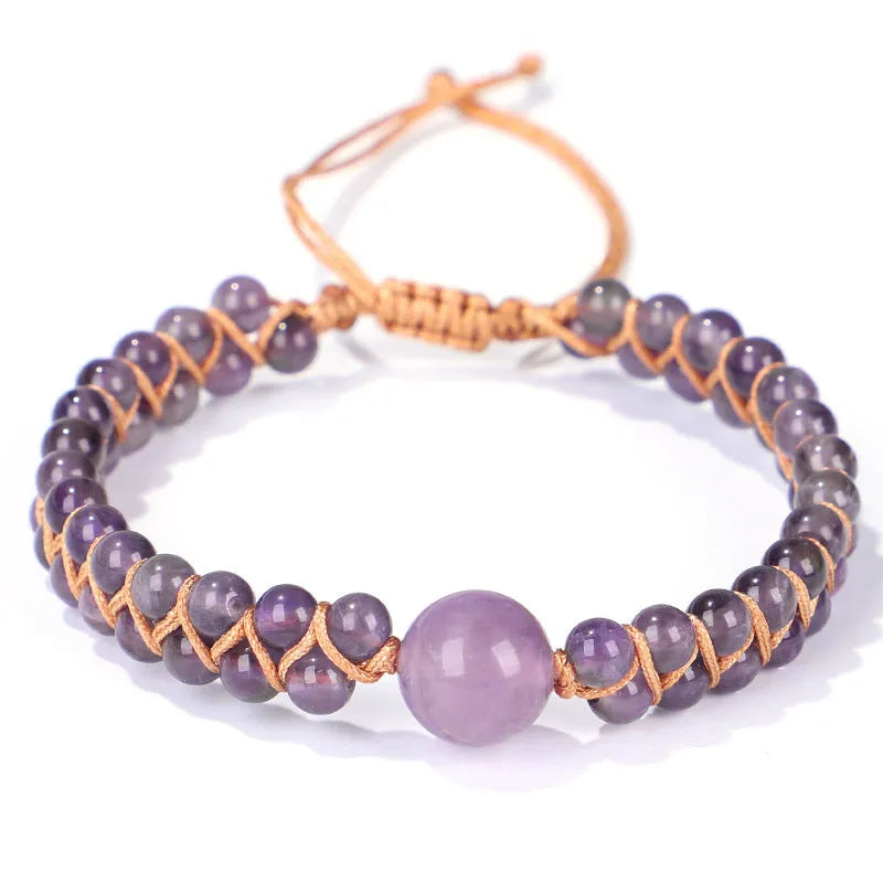 Hand-woven geometric bracelet made from tigereye stone with an adjustable sliding knot, shown in blue colour