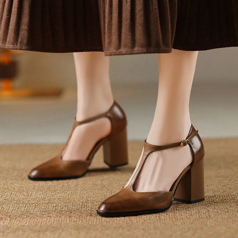 Women's retro pointed toe Mary Jane shoes with buckle and hollow baotou design in pink or dark brown.