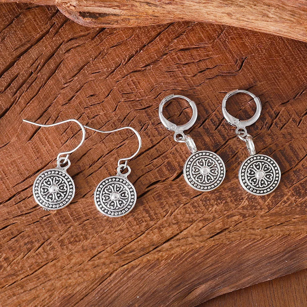 Bohemian style retro round earrings with distressed ethnic print and geometric zinc alloy construction