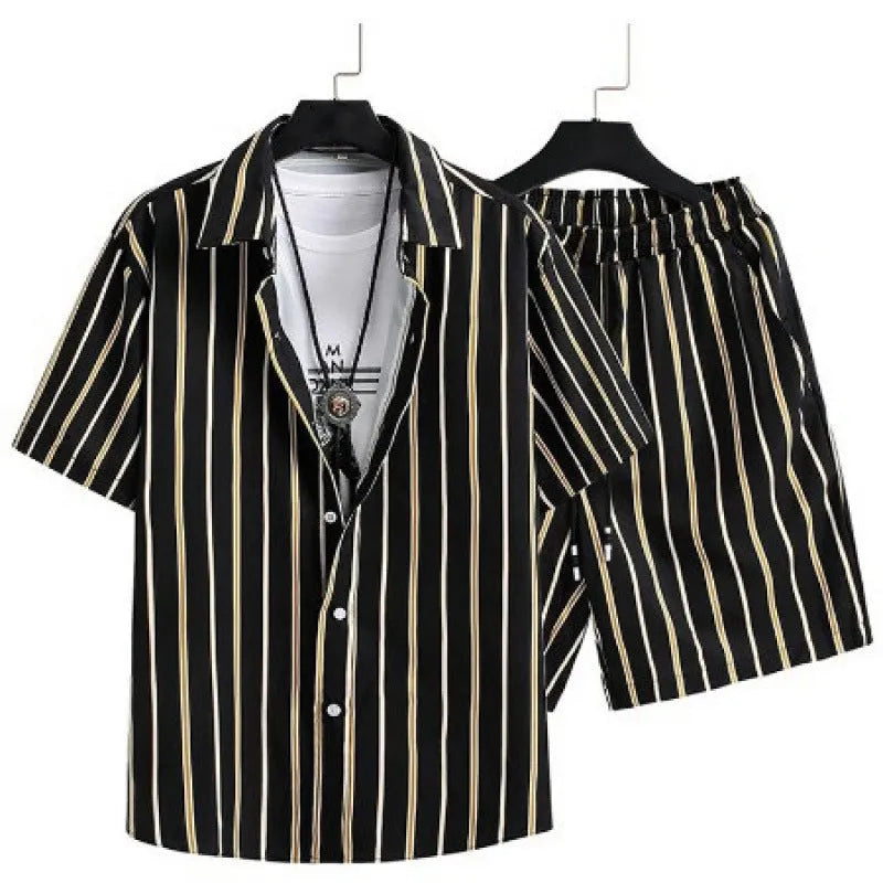 Men's digital print casual suit with short sleeve cardigan and matching shorts in polyester.