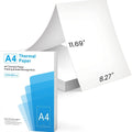 White A4 thermal paper sheets stacked next to a portable thermal printer.
