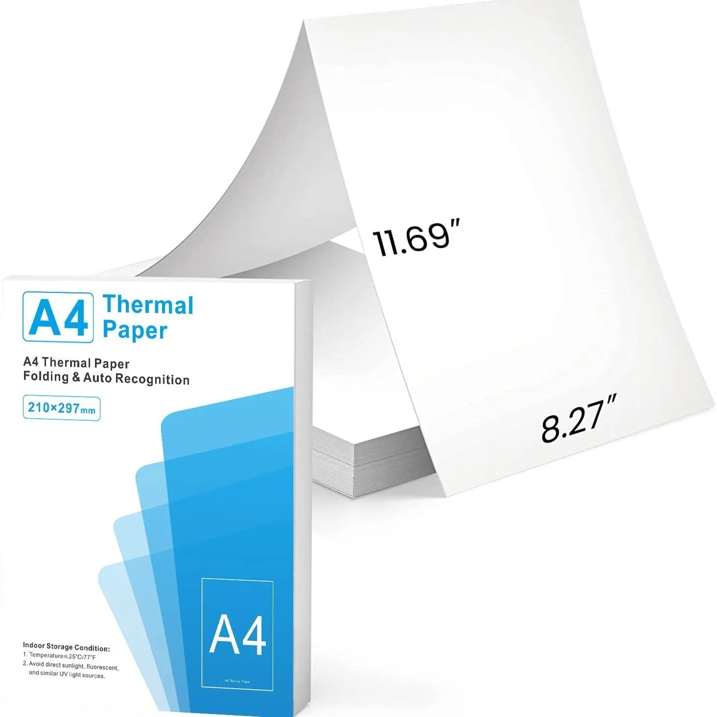 White A4 thermal paper sheets stacked next to a portable thermal printer.