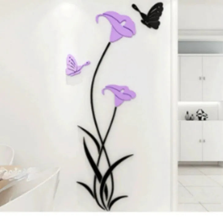 Lily flower 3D acrylic wall sticker in pink on a white wall.