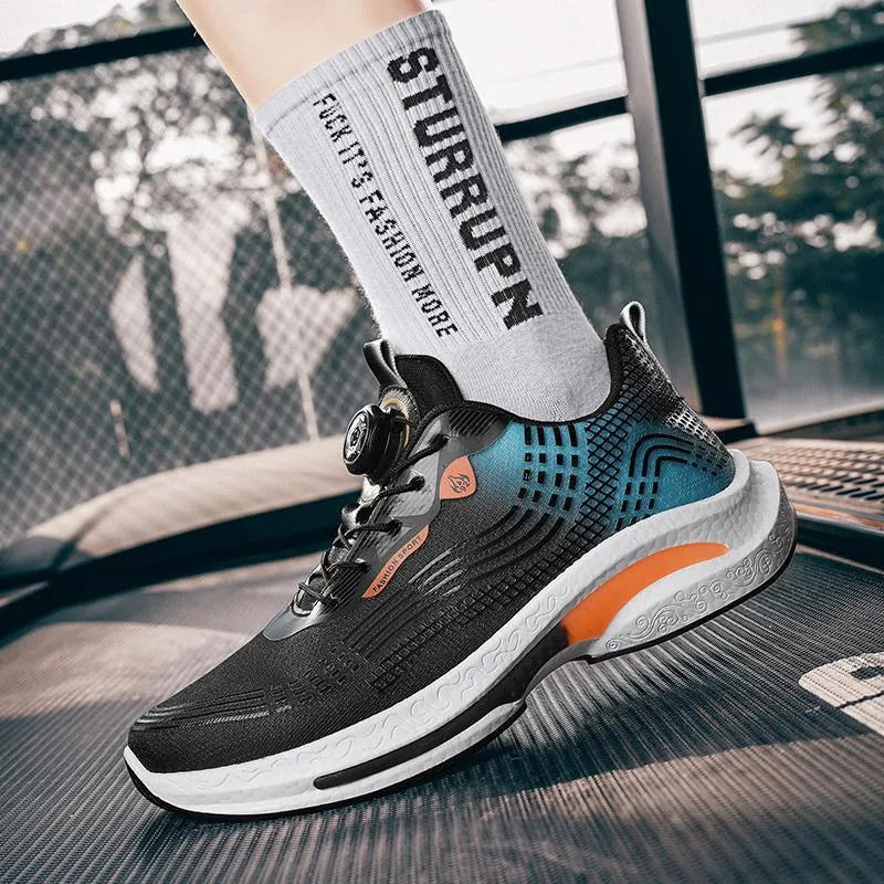 Men's low-top mesh sneakers in black and blue colourway with rubber sole.