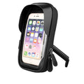 Waterproof black bicycle phone mount with touch screen attached to a bike handlebar.