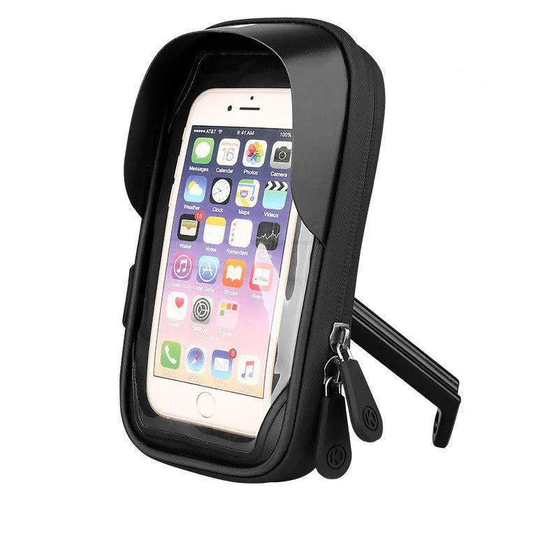 Waterproof black bicycle phone mount with touch screen attached to a bike handlebar.