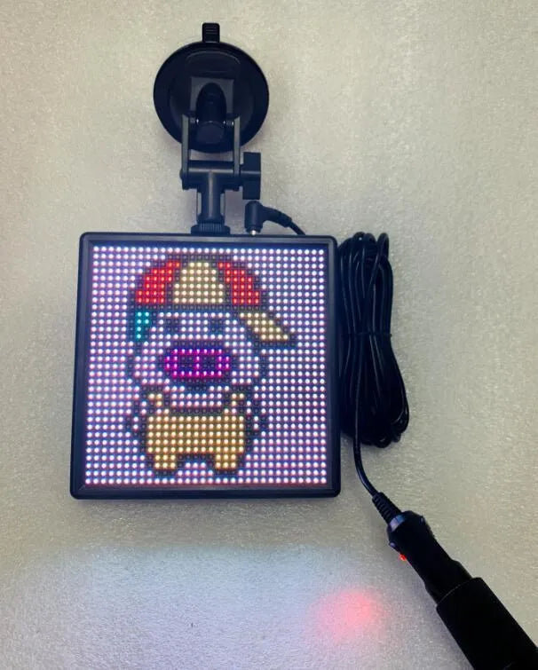 32x32 pixel Bluetooth LED car display screen with aluminium frame showing colour image