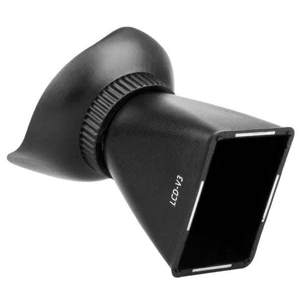 Black camera LCD viewfinder amplifier with 2.8x magnification mounted on a DSLR camera.