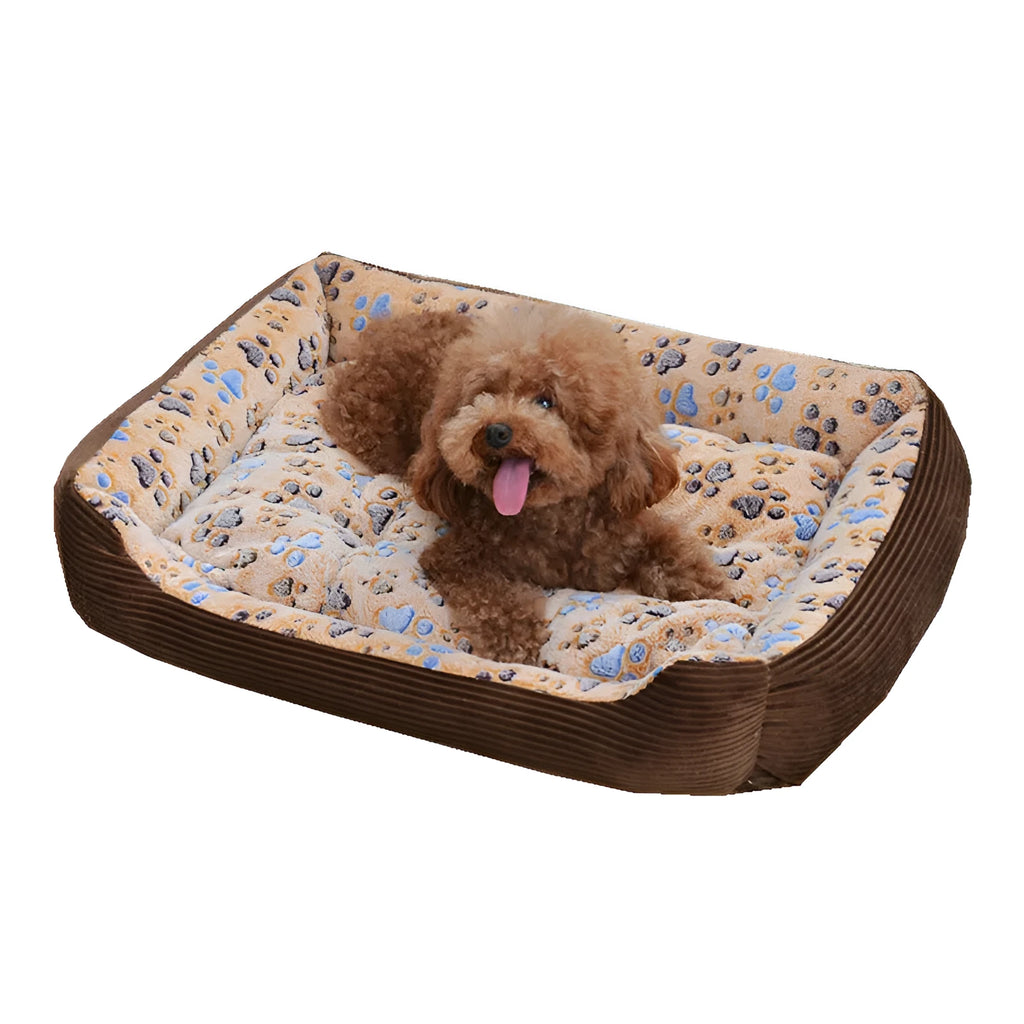 Plush pet bed mat for small dogs and cats showing size options and colour variations