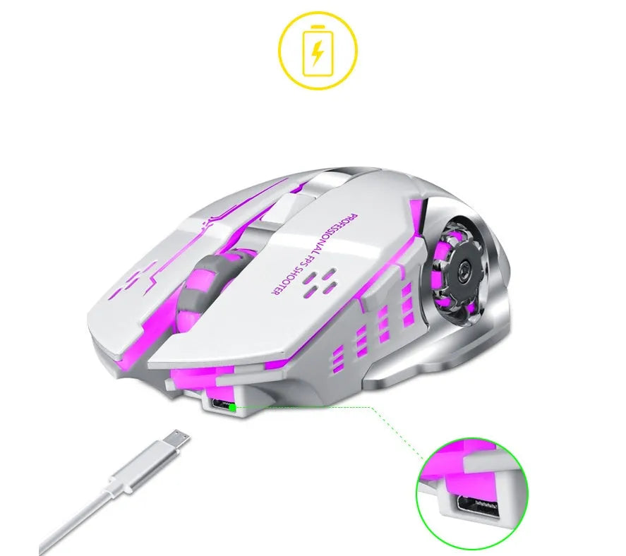 Black and white wireless mouse with mute buttons for laptop use