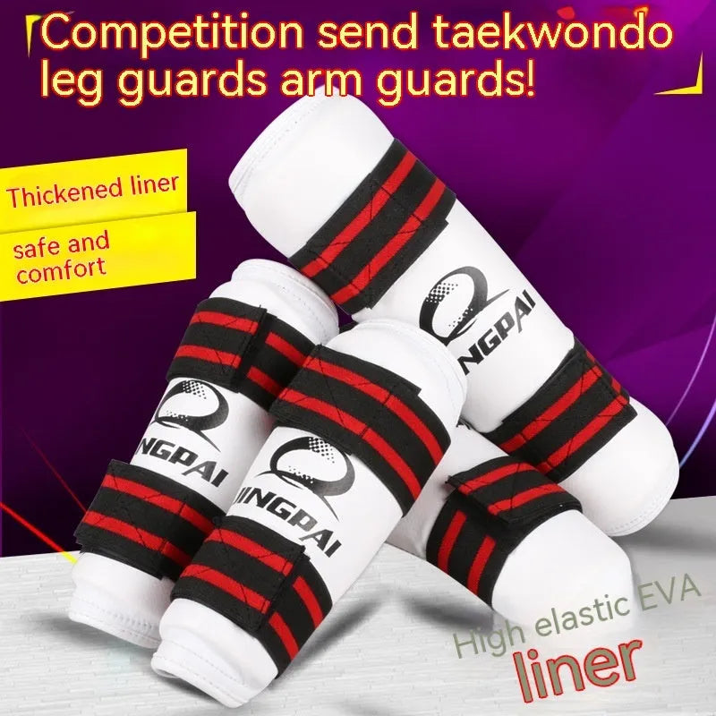 Taekwondo protective gear set showing leggings, arm guard and leg protector in PU EVA material