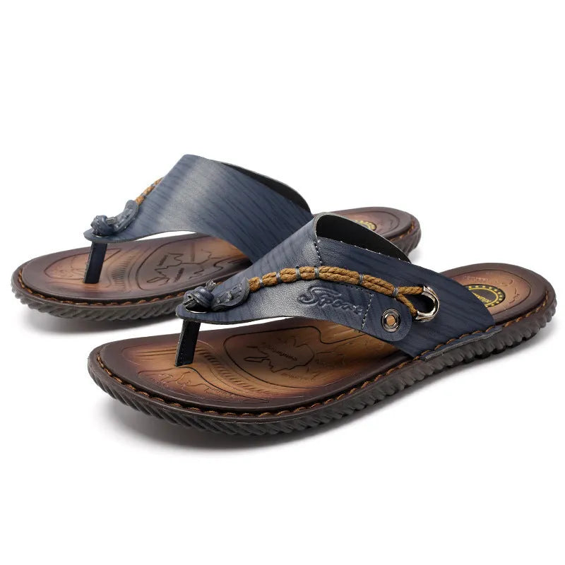Men's dark blue outdoor slippers with herringbone rubber soles and leather lining, plus size 38-46