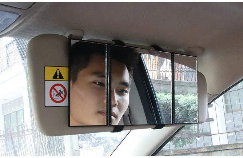 Silver car folding makeup mirror shown in both closed 15.5cm width and opened 30.5cm width positions