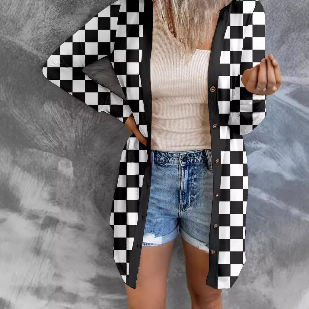 Long grey plaid cardigan coat with loose knit and regular sleeves on a model.