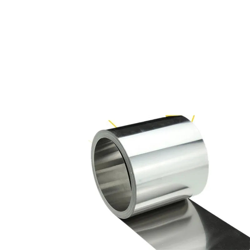 Roll of thin 304 stainless steel sheet strip with a leather backing on one side.