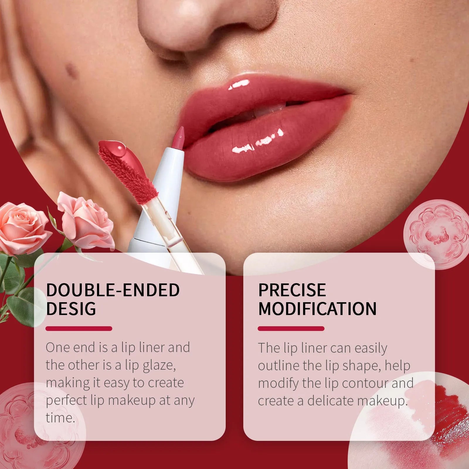 Double-headed lip liner and lip lacquer pen lipstick product.