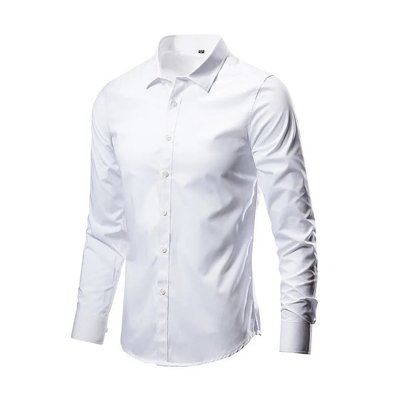 Men's loose-fit long-sleeve linen shirt in black, shown on a model.