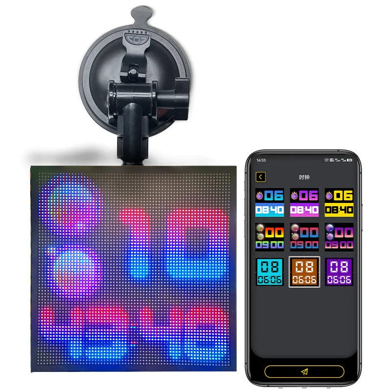 32x32 pixel Bluetooth LED car display screen with aluminium frame showing colour image