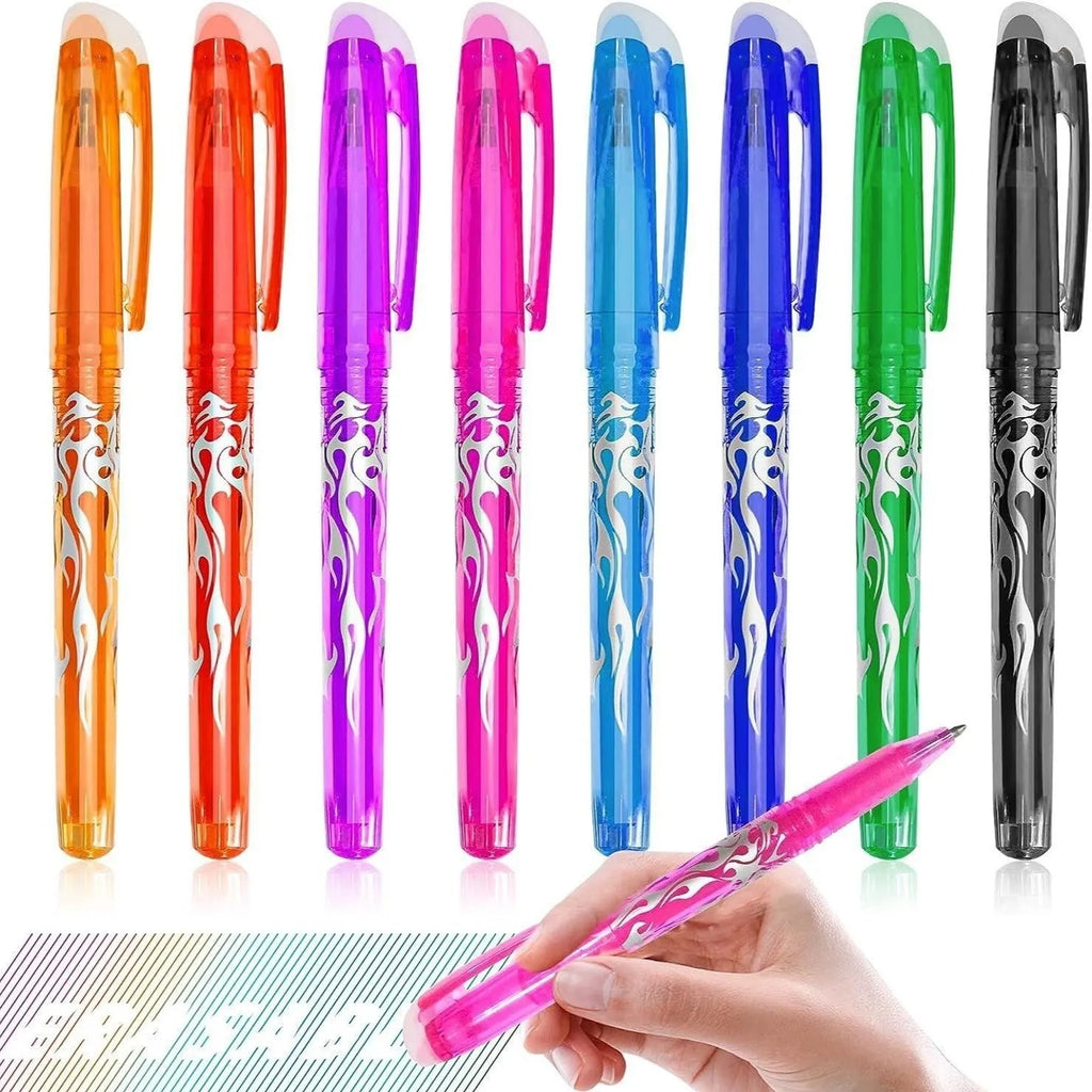 Set of heat-erasable gel pens in multiple colours with plastic bodies and stainless steel tips, showing 0.5mm and 0.7mm nib options.