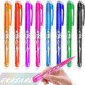 Set of heat-erasable gel pens in multiple colours with plastic bodies and stainless steel tips, showing 0.5mm and 0.7mm nib options.