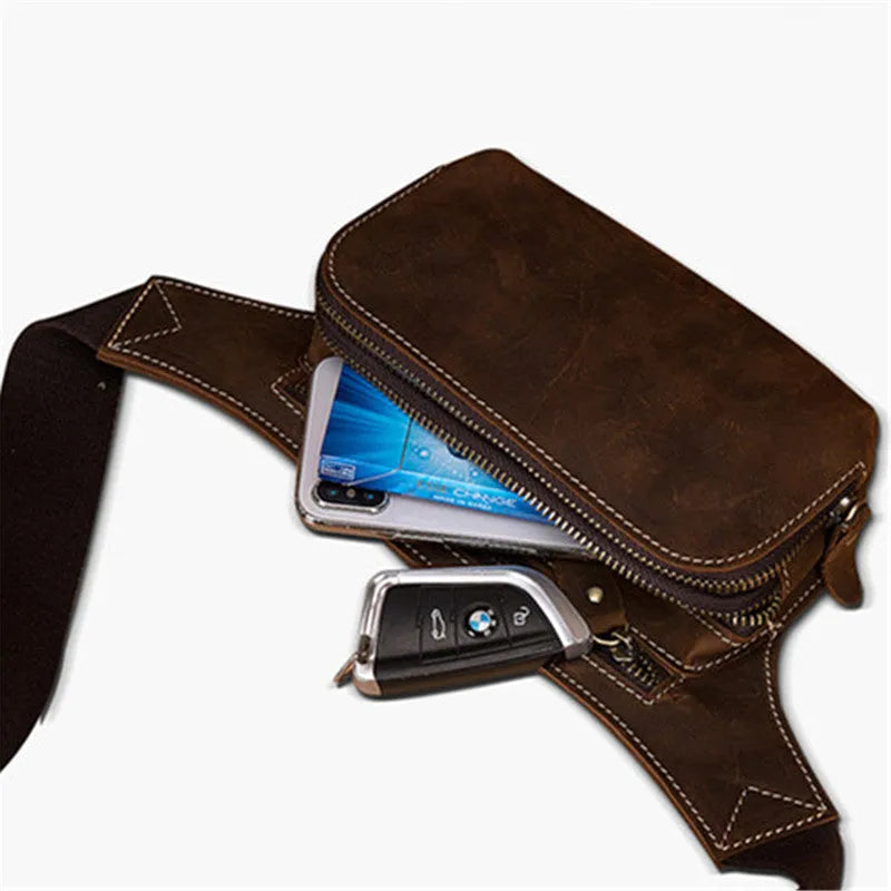 Brown cow leather men's sports waist bag showing internal phone pocket