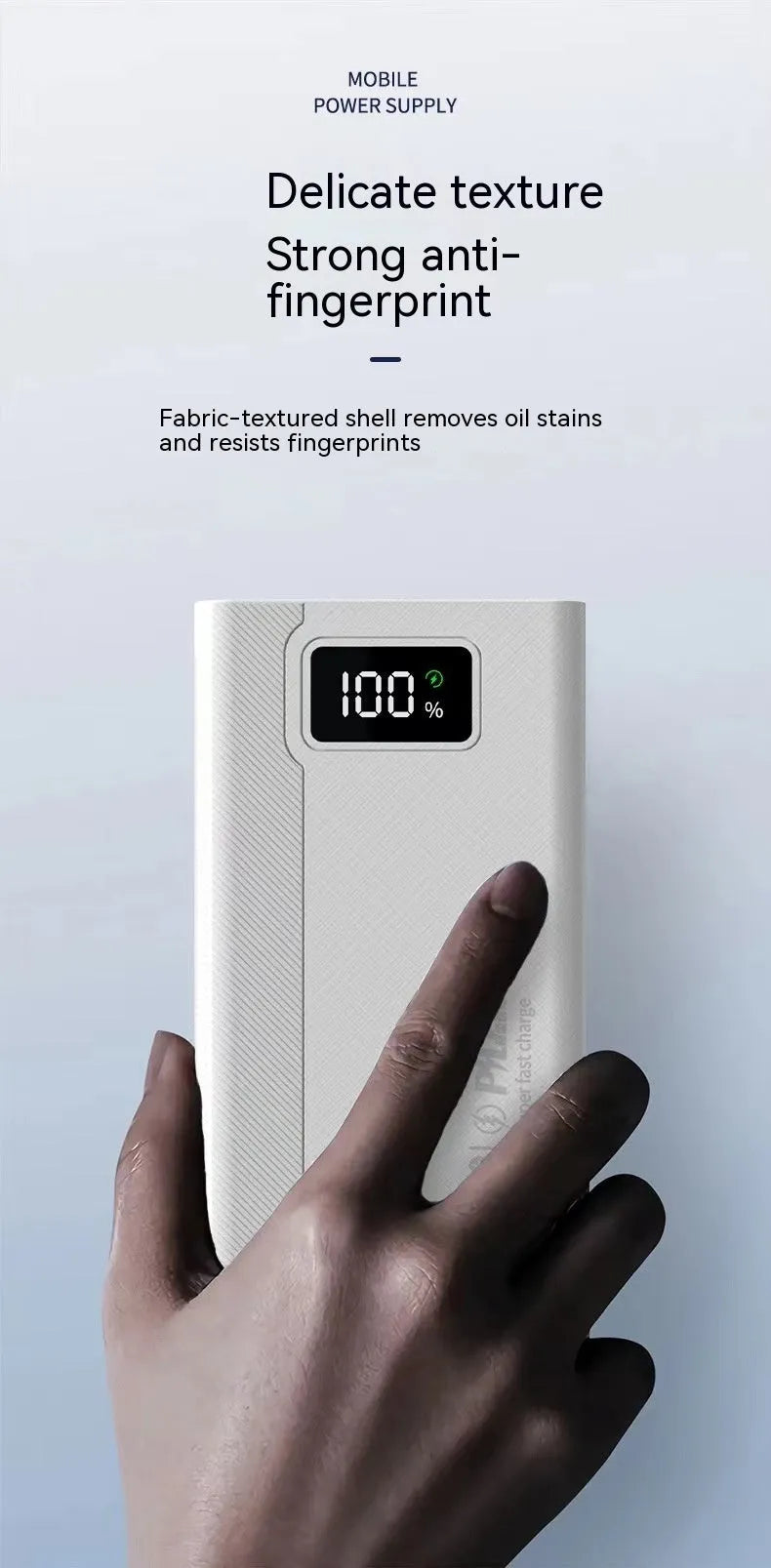 Black and white large capacity power bank showing front view with dimensions 150mm by 76mm.