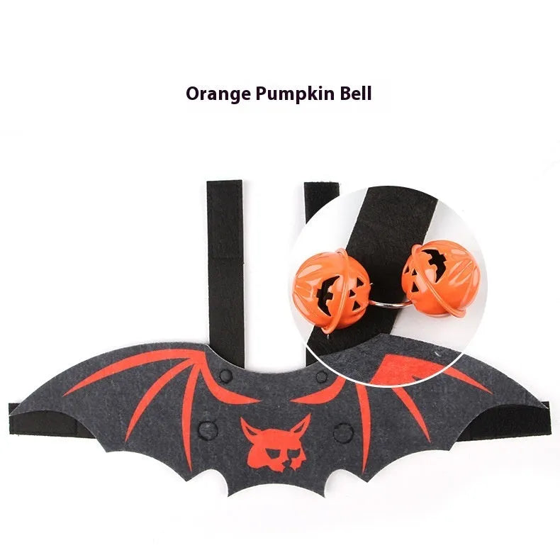 Halloween batwing costume for a cat in felt, shown in pumpkin bat colour on a feline.