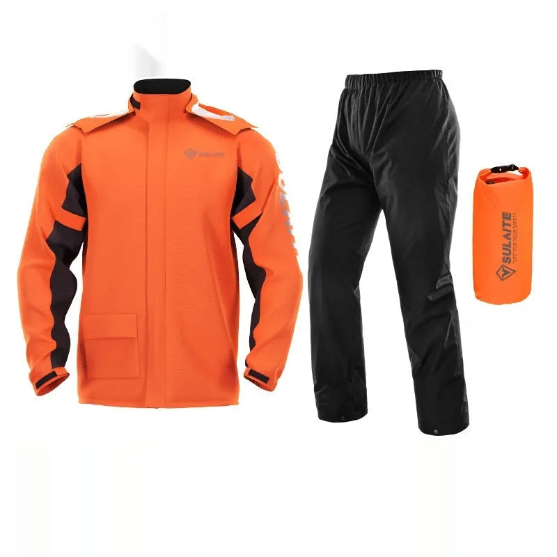 Motorcycle rain suit set with raincoat, rain pants, hidden shoe covers and storage bag