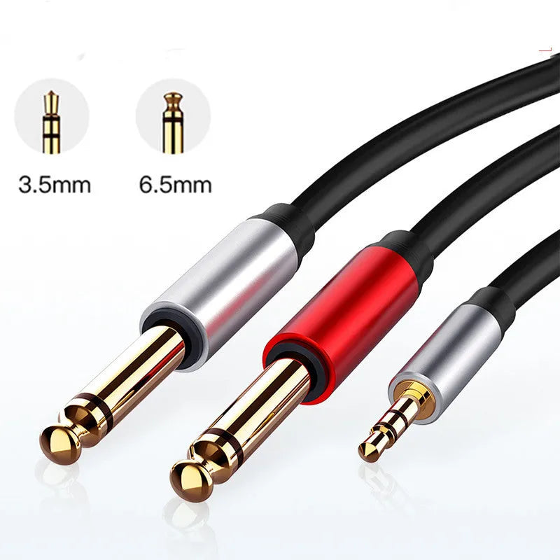 3.5mm to two 6.35mm male audio splitter cable with black cord and metal connectors