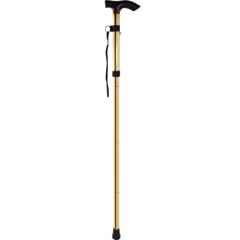 Aluminium folding walking stick adjusted to mid-length, showing non-slip rubber tip.