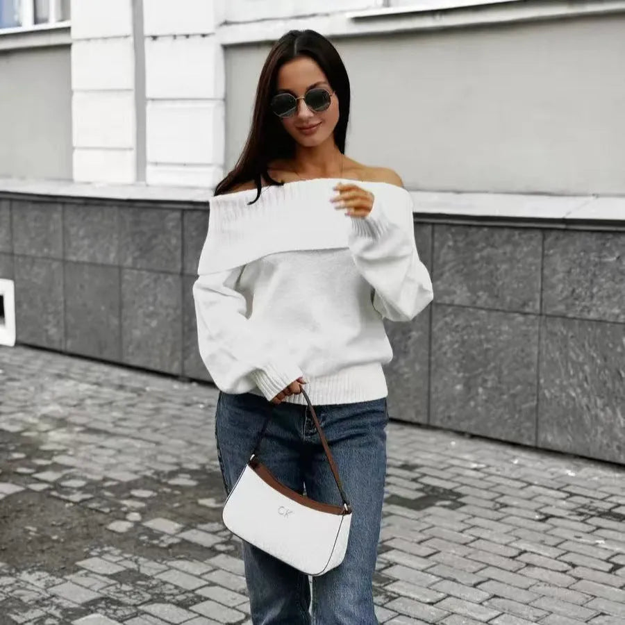 Grey off-the-shoulder sweater with 3D pattern effect and strapless design